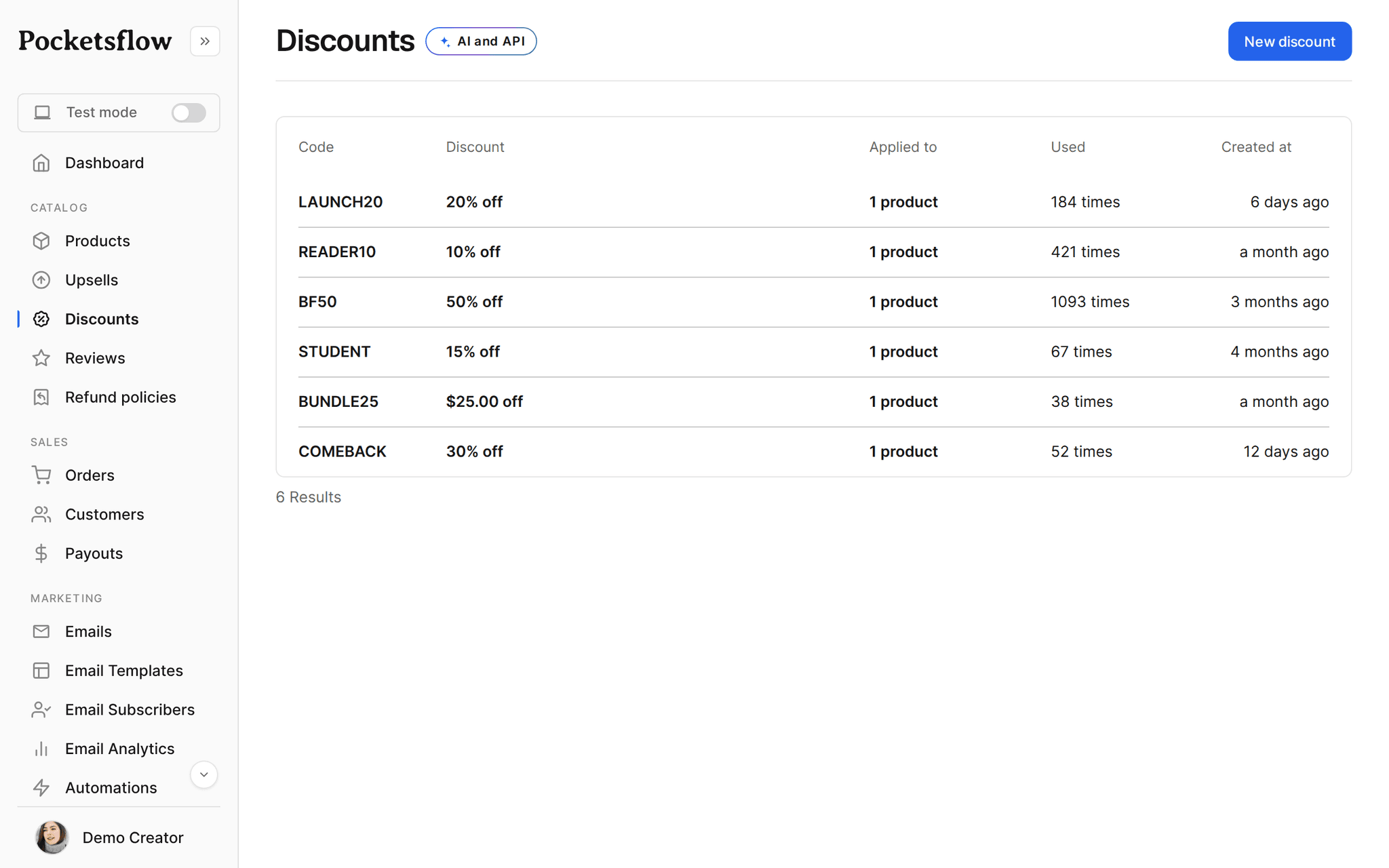 Pocketsflow discounts dashboard listing active discount codes with usage stats