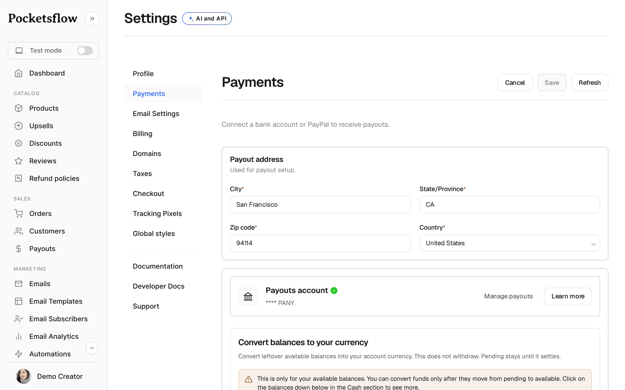 Pocketsflow payments settings with bank and PayPal payout connections