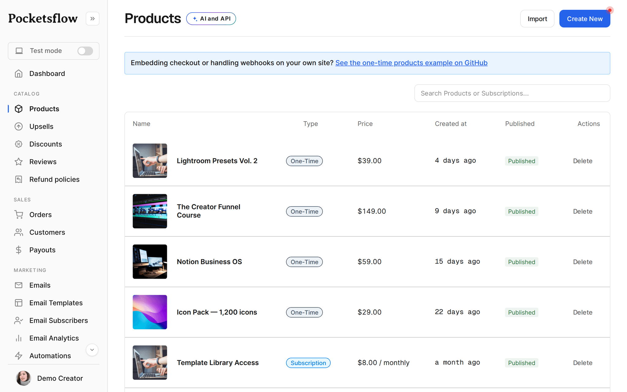 Pocketsflow products dashboard listing digital products with prices, sales, and revenue