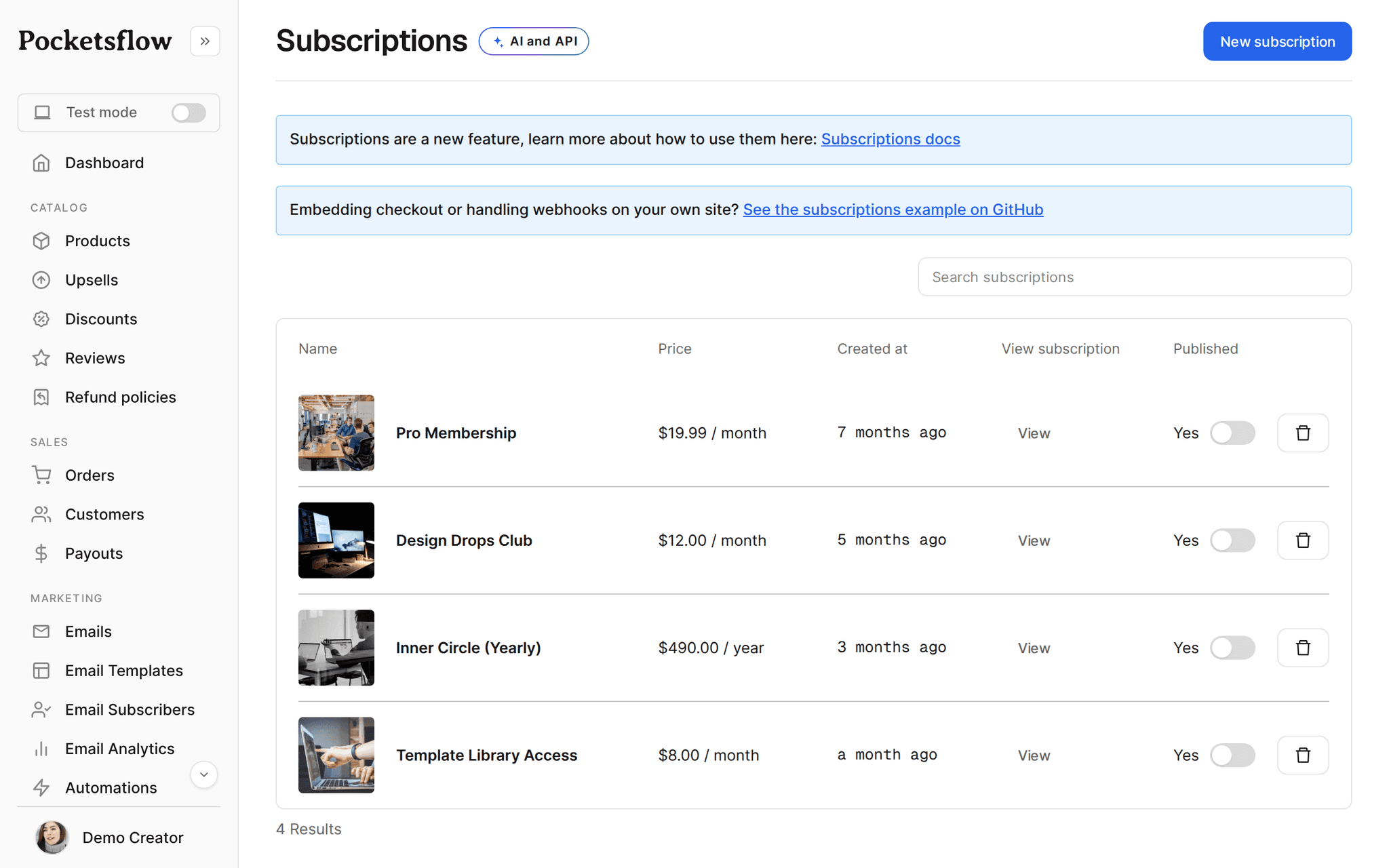 Pocketsflow subscriptions dashboard with active subscribers and monthly recurring revenue